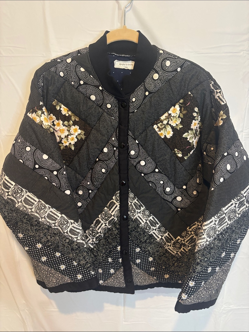 Vintage Handmade Quilted Patchwork Jacket Black & Floral Chevron Print Large